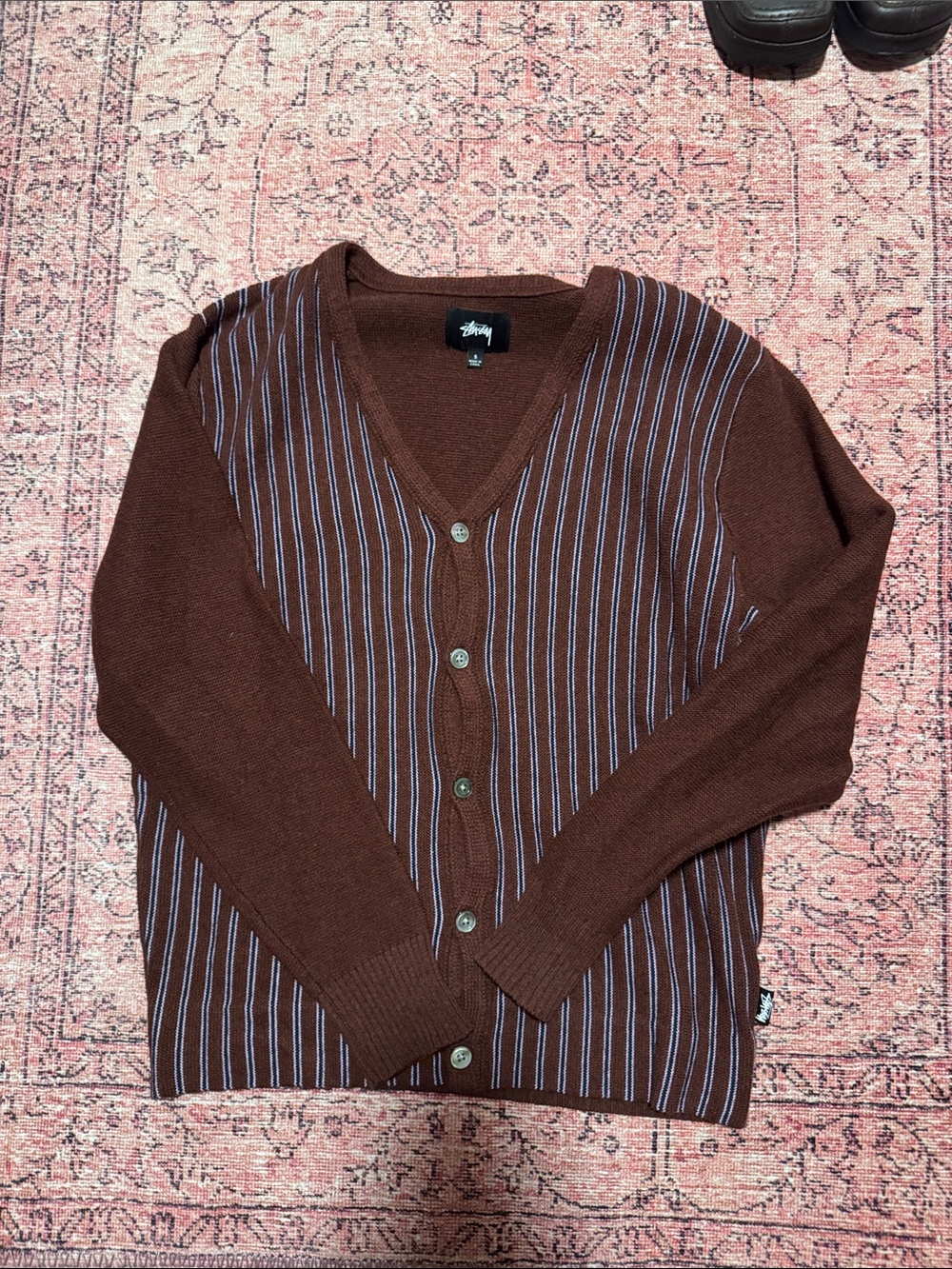 Stussy Brown Cardigan with Lilac Pinstripes